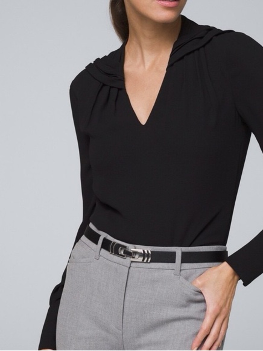 White House Black Market Black V-Neck Long Sleeve Blouse